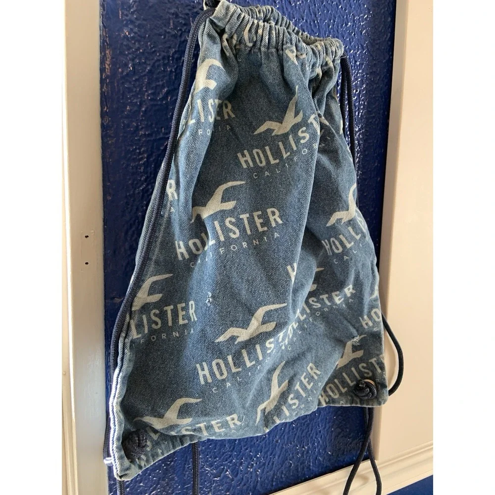 Hollister California Drawstring Backpack Blue Logo Print Cinch Sack Bag School